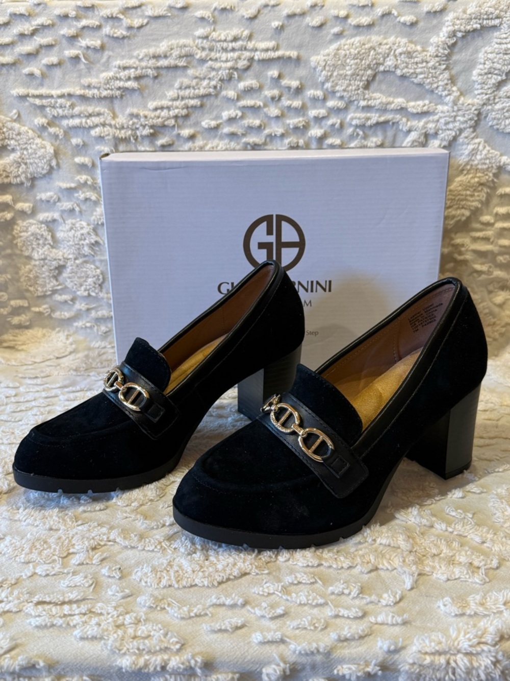 Giani Bernini Black Suede Chain-Trim Block Heel Loafers #649 - Picture 3 of 4